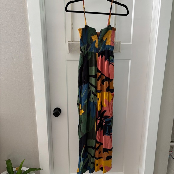 Olivaceous Women's Wide Leg Jumpsuit Smocked Multicolor Tropical Print Medium - Picture 1 of 7